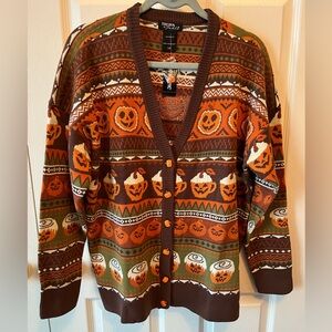 Playful Fall/Halloween Pumpkin Cardigan Sweater - Orange, Brown and White 🎃